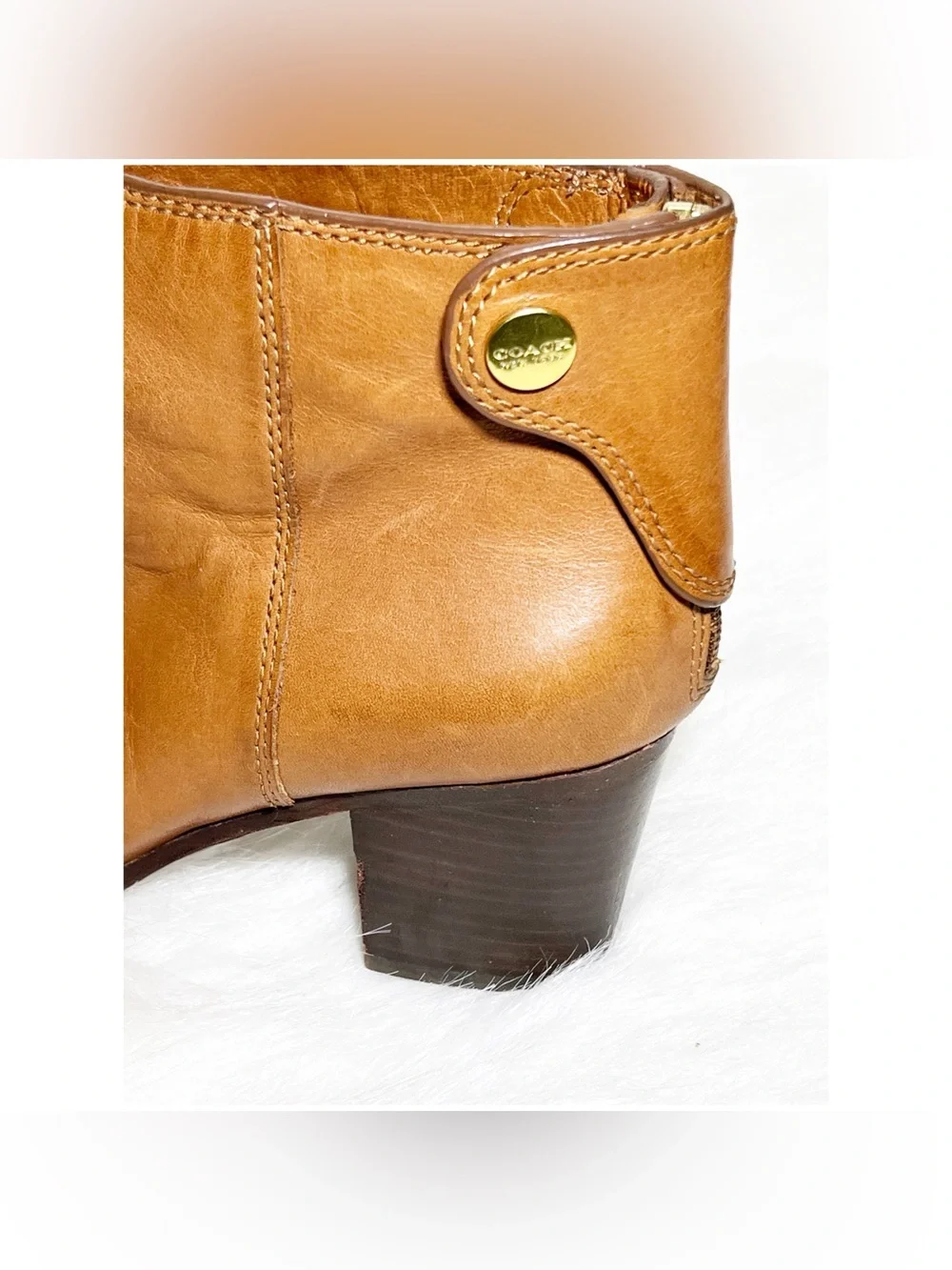 Coach Waldorf Cinnamon Tan Calfskin Leather Chunky Heel Ankle Boots Size 7